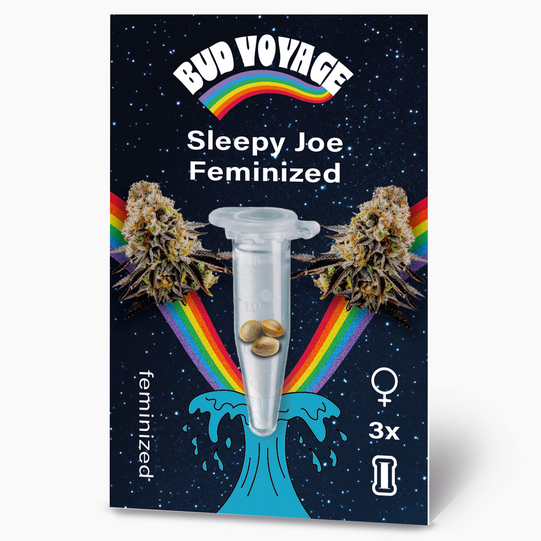 Bud Voyage graphic design featuring Sleepy Joe Feminized cannabis seeds in a test tube against a starry night sky with vibrant rainbows and stylized water droplets
