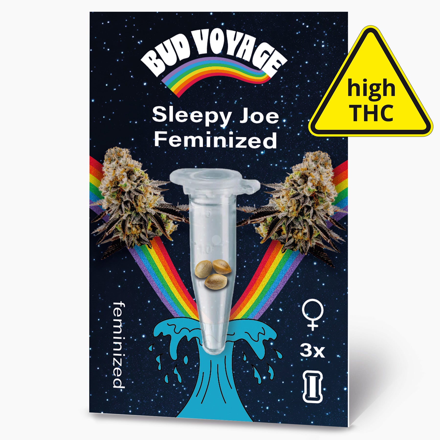Grafický design Bud Voyage s feminizovanými semeny konopí Sleepy Joe v mikrozkumavce na pozadí hvězdné noční oblohy se zářivou duhou a stylizovanou vlnou, na které jsou zobrazeny tři poupata konopí s upozorněním na vysoký obsah THC.
