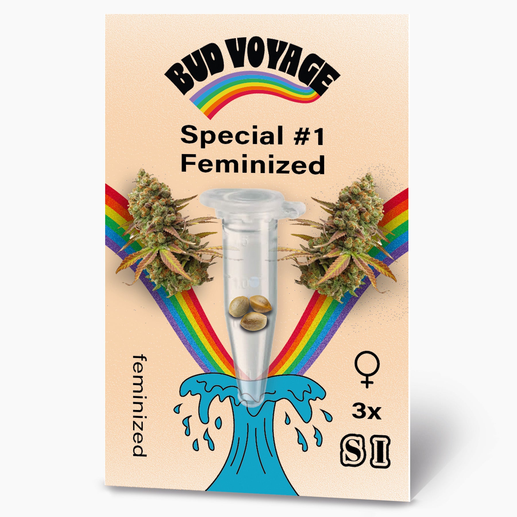 Grafický design balení semen Bud Voyage: feminizovaná semena konopí ve zkumavce obklopené duhou a modrou vlnou se třemi semeny zobrazujícími samičí květenství.
