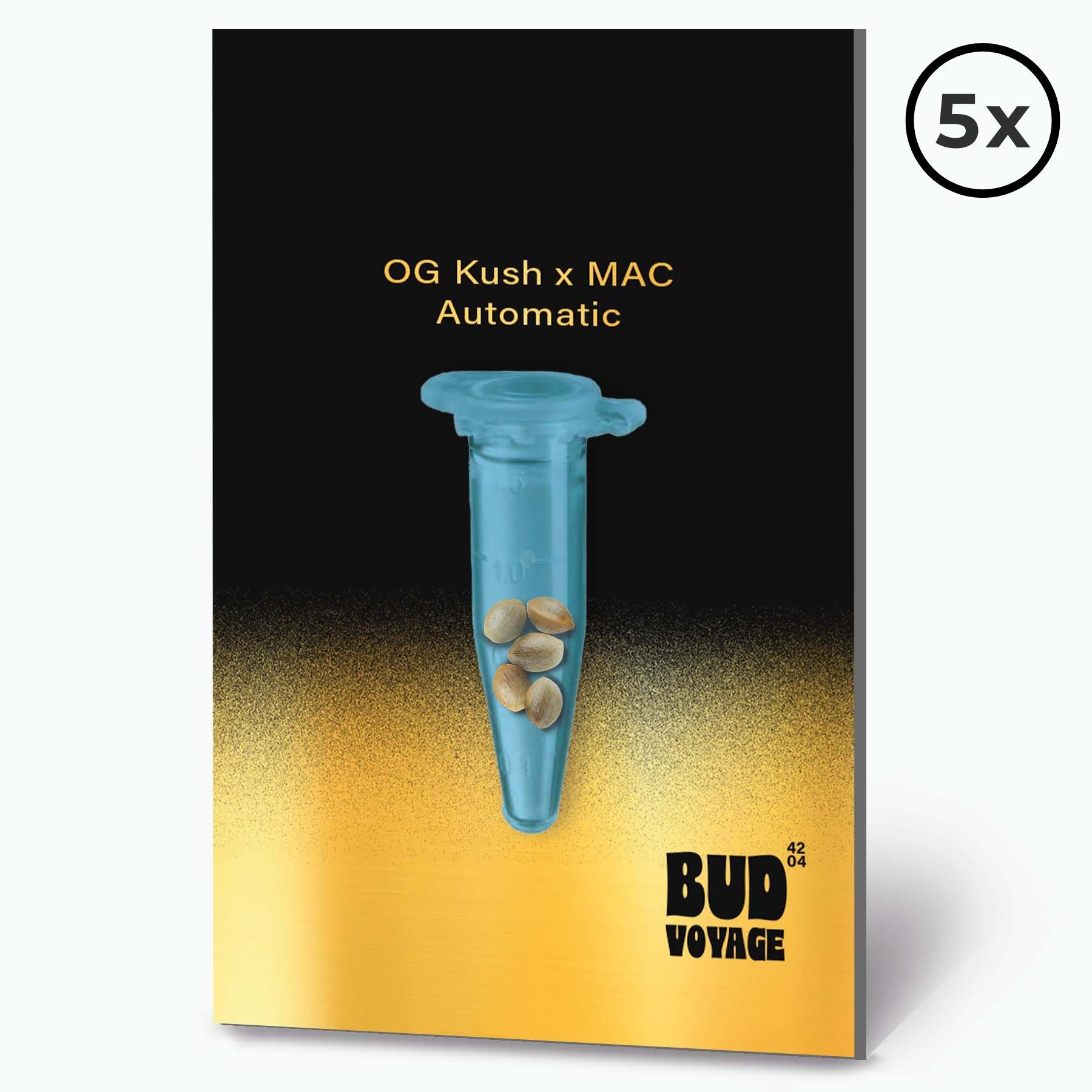 Digitální grafika od Bud Voyage zobrazuje pět semen konopí OG Kush x MAC Automatic v modré zkumavce na zlatém a černém pozadí.