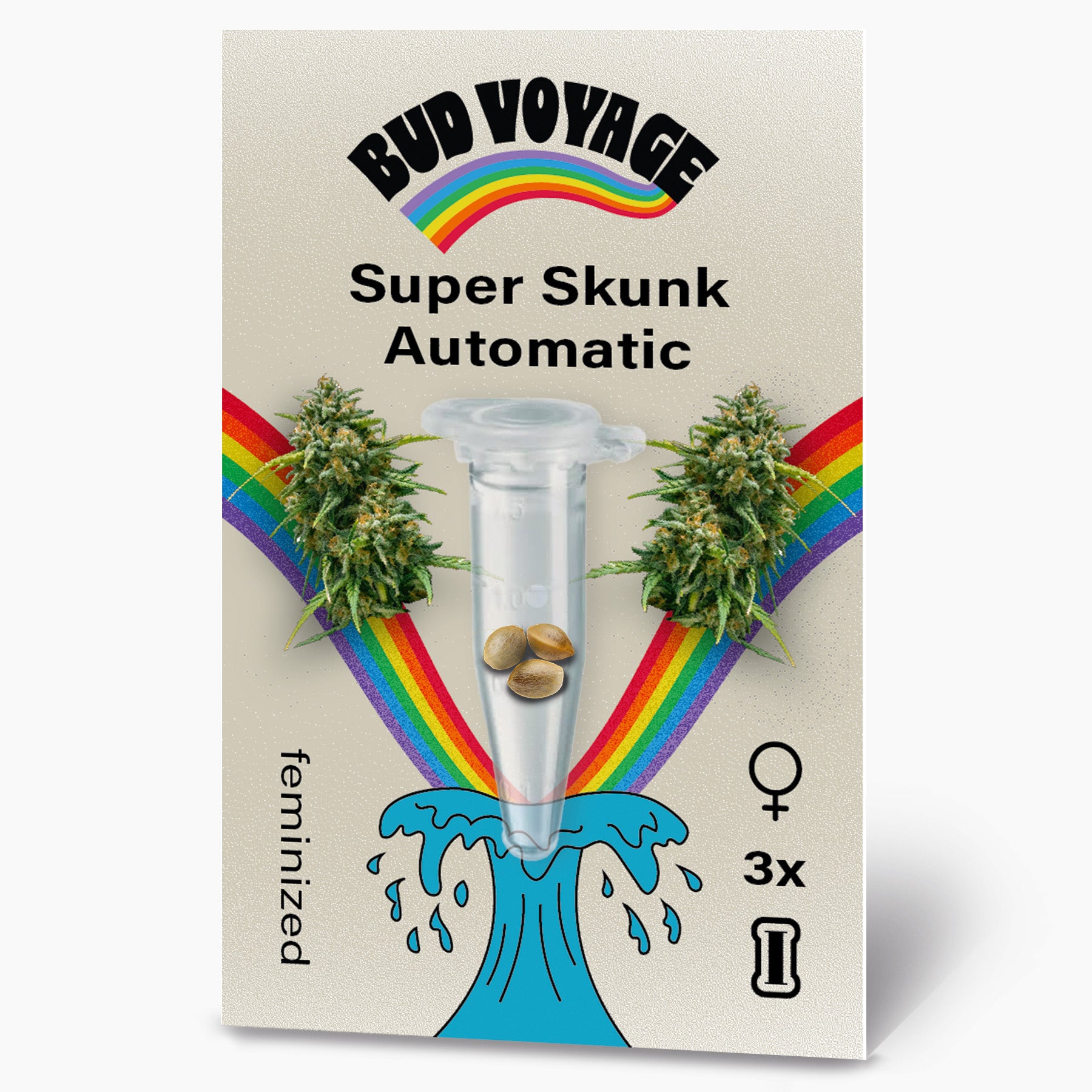 Kolekce semen Bud Voyage Super Skunk Automatic obsahuje tři feminizovaná semena ve zkumavce, obklopená poupaty marihuany a duhou se vzorem modré vlny.
