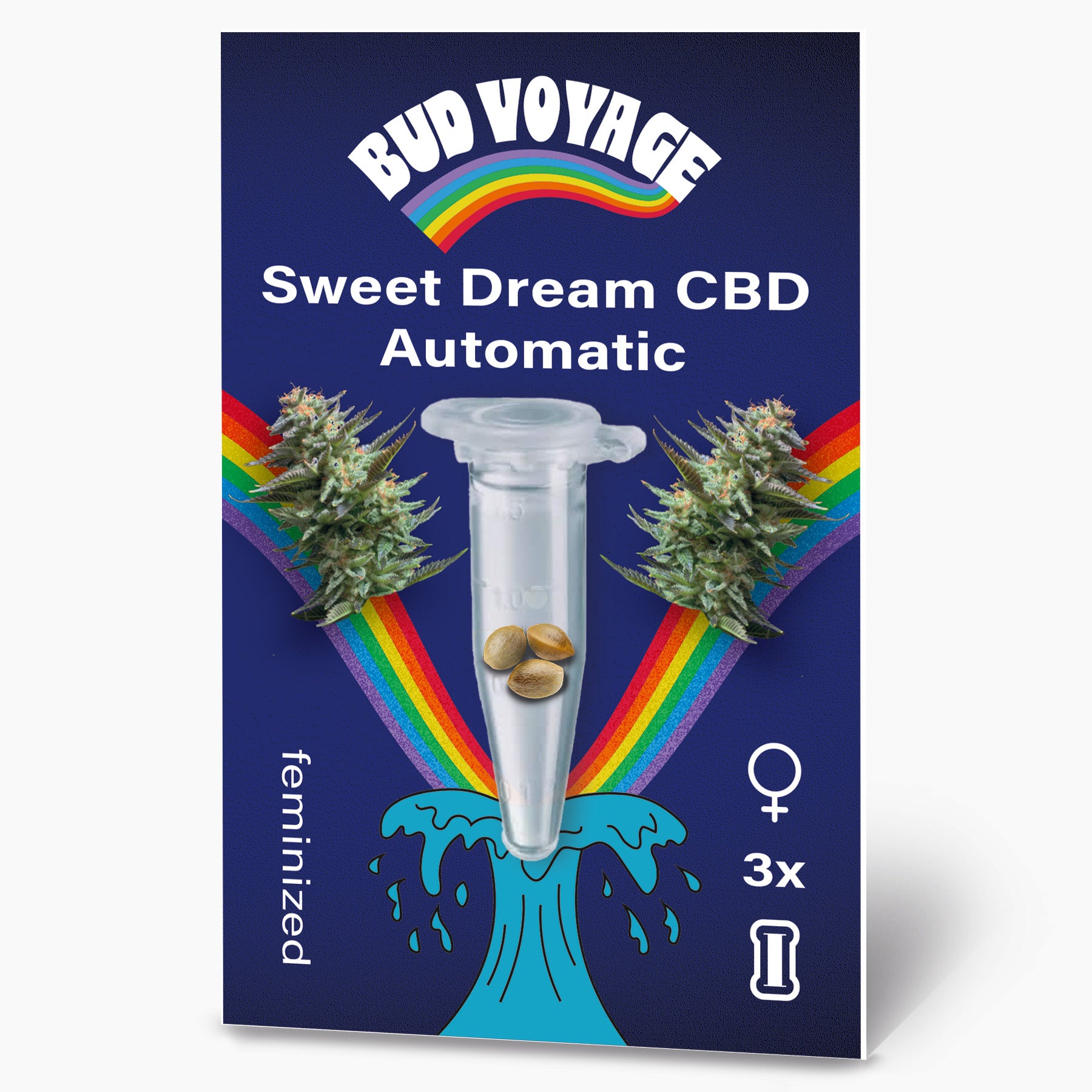 Grafika Bud Voyage: Sladký sen CBD Automatická semena ve zkumavce, obklopená duhovými a námořními motivy, zobrazující tři feminizovaná semena a jasně zelené květy konopí.
