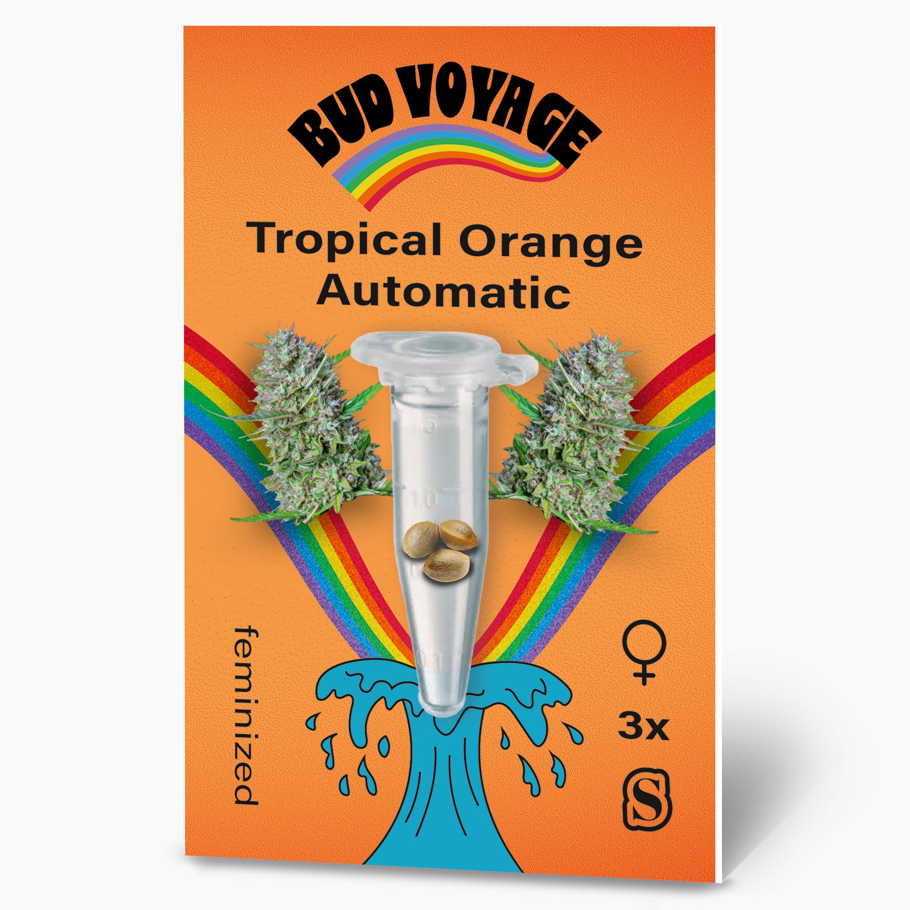 Grafika Bud Voyage: Tropical Orange Automatická semínka ve zkumavce, obklopená květy konopí a duhou na oranžovém pozadí s tyrkysovou vlnou a třemi feminizovanými semínky.