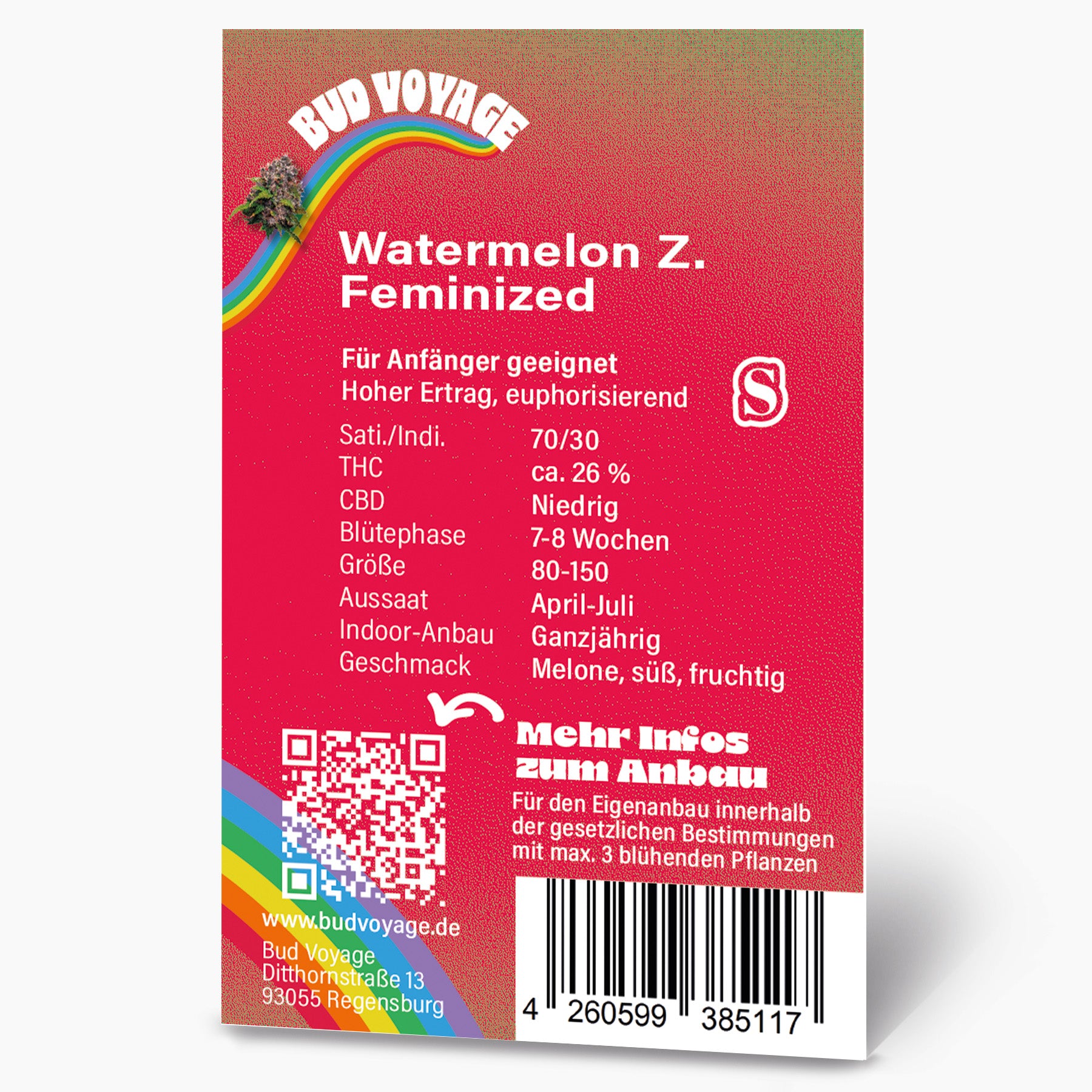 Balíček semen Bud Voyage se zářivou duhou, podrobnými informacemi o produktu a QR kódem pro další informace o feminizovaných semenech konopí Watermelon Z.