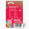 Balíček semen Bud Voyage se zářivou duhou, podrobnými informacemi o produktu a QR kódem pro další informace o feminizovaných semenech konopí Watermelon Z.