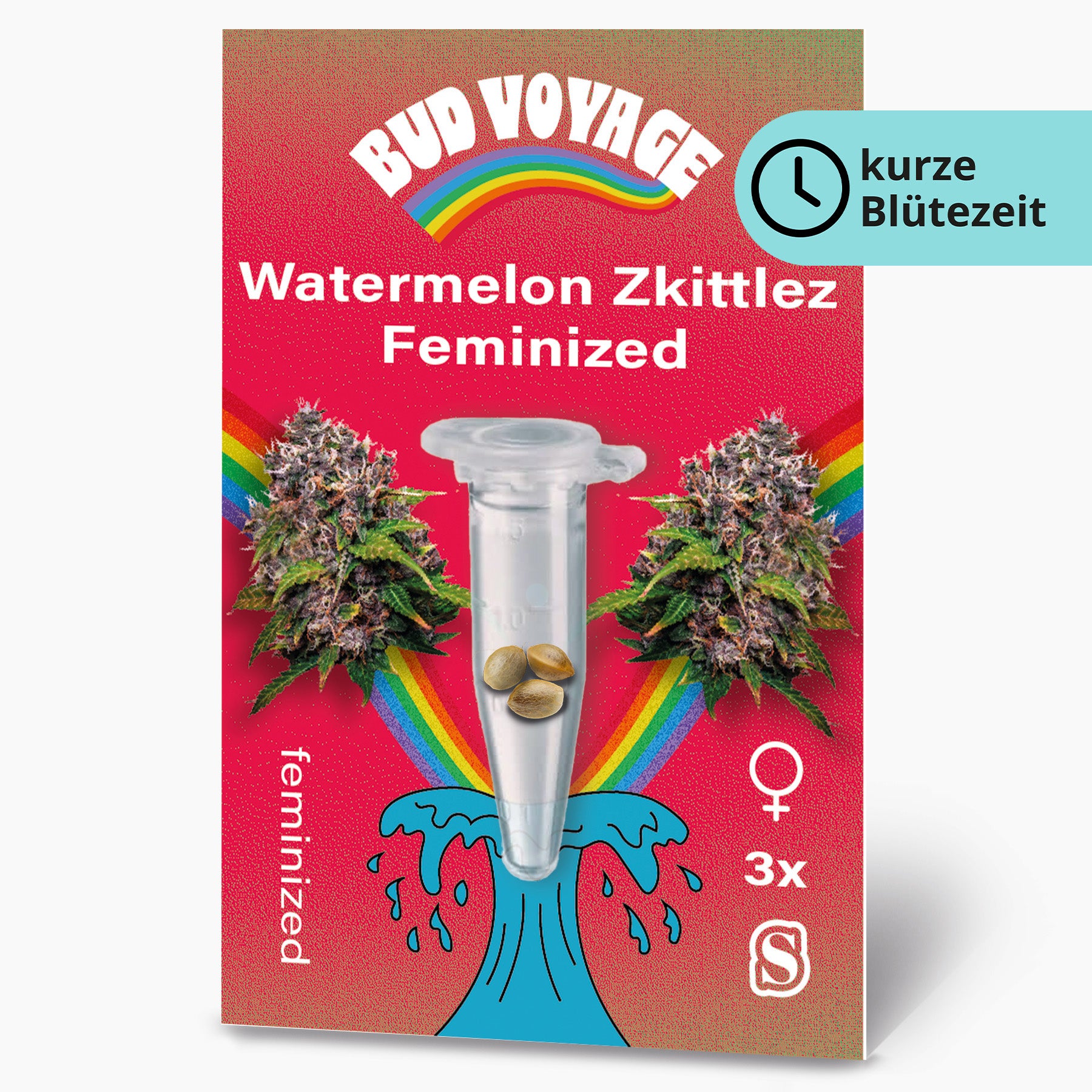 Grafický design Bud Voyage s feminizovanými semínky konopí Watermelon Zkittlez ve zkumavce na zářivě červeném pozadí s duhou a stylizovanou vlnou, na kterém jsou vidět tři semínka, která ukazují své jedinečné zbarvení, celkový design je hravý a barevný.

