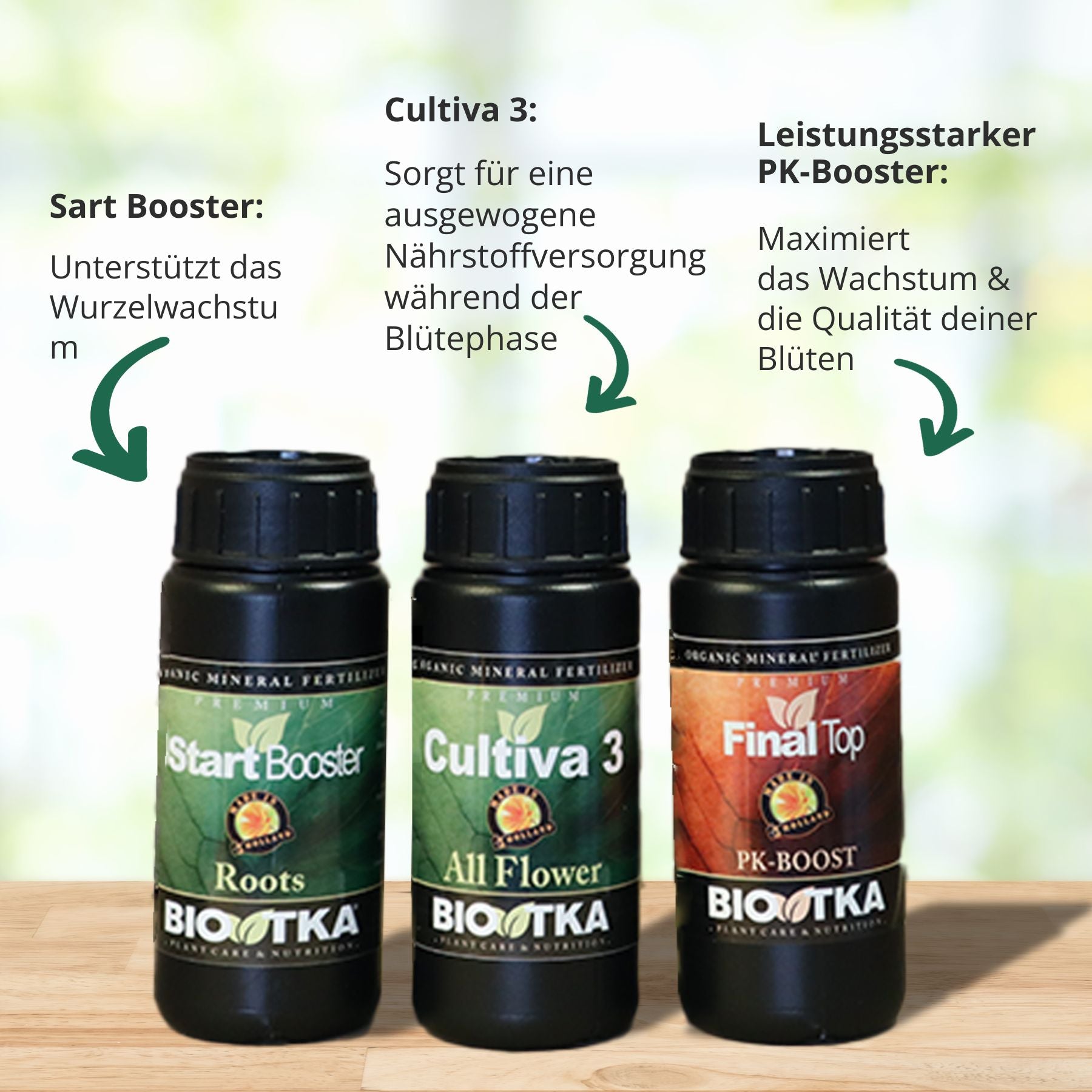 Fotografie produktu hnojiv BioTka: Start Booster, Cultiva 3 a Final Top, na dřevěném stole se zeleným pozadím, lahvičky mají výrazné barvy a detailní etikety.
