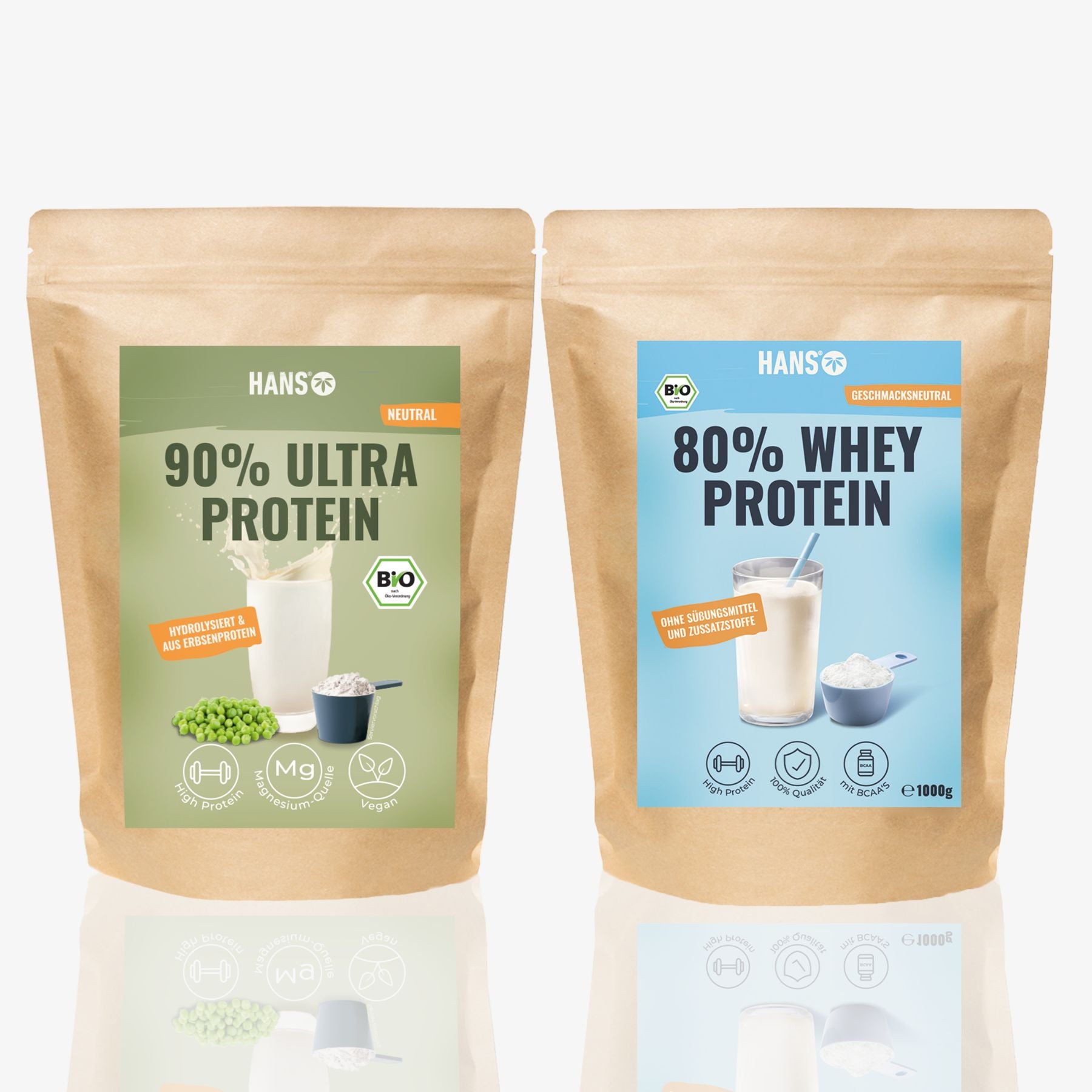 Fotografie produktu Hans: 90% Ultra Protein z hrachové bílkoviny a 80% syrovátkové bílkoviny v hnědých sáčcích s hráškem, odměřovacími odměrkami a vyobrazenými proteinovými koktejly Ekologická certifikace a veganské varianty jsou viditelné.
