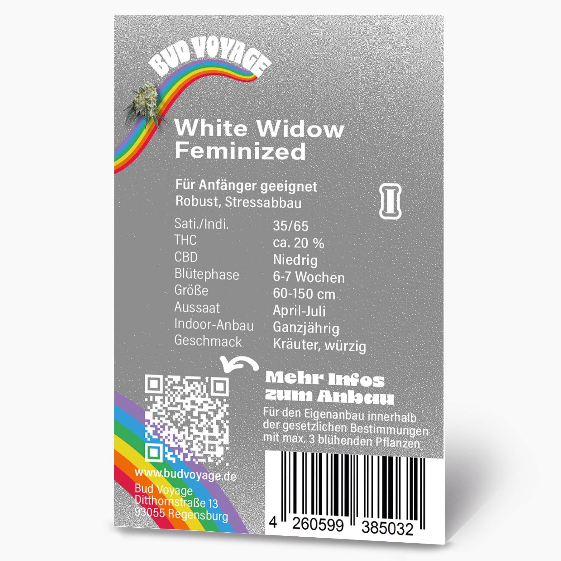 Grafika produktu Bud Voyage: s duhou, QR kódem a čárovým kódem, podrobné informace o pěstování.
