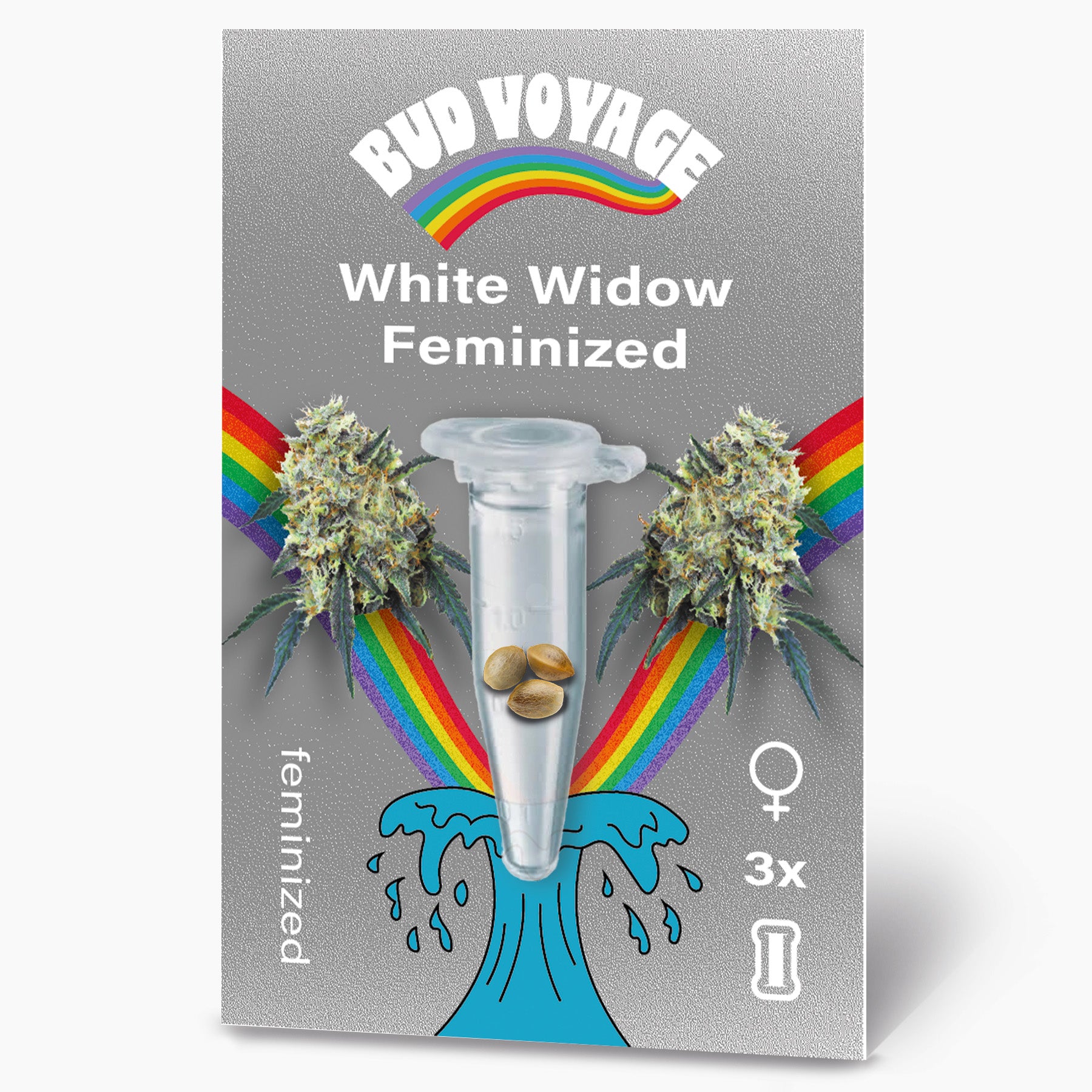 Grafický návrh Bud Voyage: feminizovaná semena White Widow ve zkumavce, obklopená duhou a květy marihuany, zobrazující tři semena a světle modrý proud vody.
