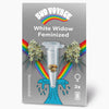 Grafický návrh Bud Voyage: feminizovaná semena White Widow ve zkumavce, obklopená duhou a květy marihuany, zobrazující tři semena a světle modrý proud vody.
