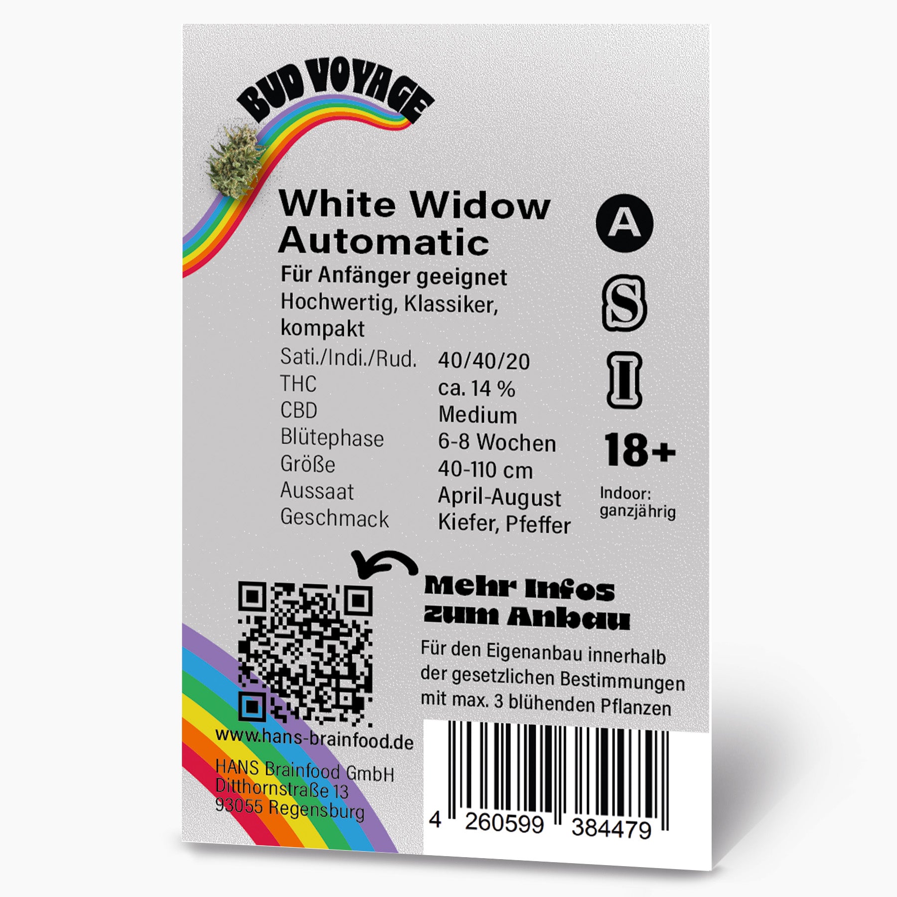 Grafika produktu Bud Voyage: White Widow Automatická semena konopí, duha, QR kód a čárový kód, příchuť borovice pepř
