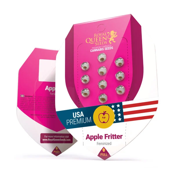 Balení Royal Queen Seeds: feminizovaná semena konopí Apple Fritter v růžovém balení s americkou vlajkou a grafikou jablka, dvanáct semen v průhledných kapslích.
