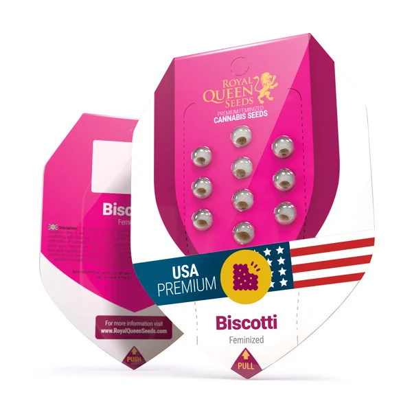 Balení semen konopí Biscotti feminizovaného v USA s jasně růžovým obalem s americkou vlajkou a dvanácti kapslemi se semeny.
