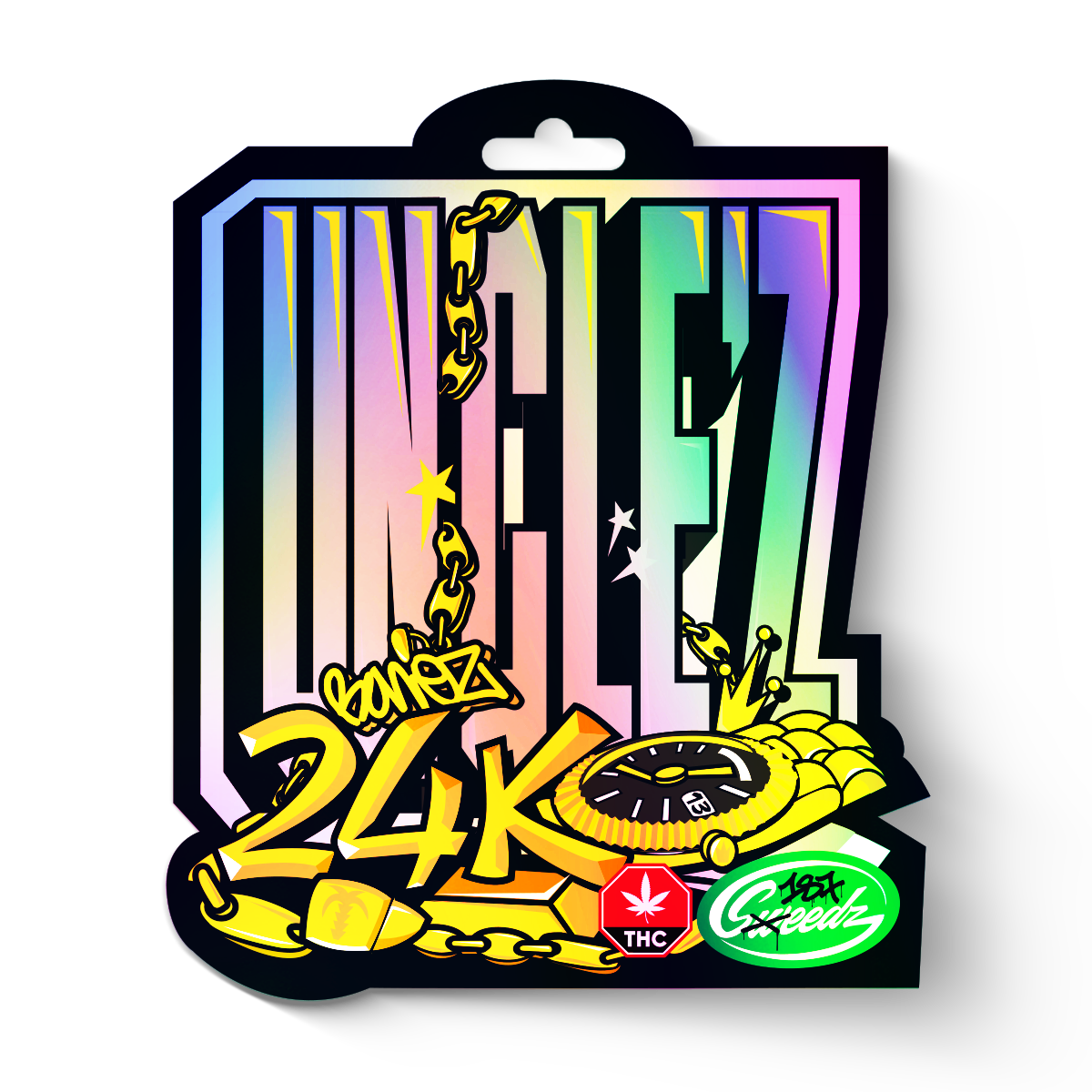 Digitální grafika INEZ se zlatým řetízkem, korunkou a hodinkami se symbolem THC na holografickém pozadí.