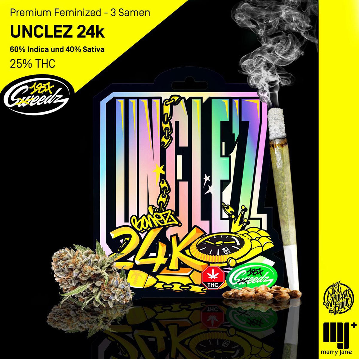 Digitální ilustrace od 187 Seeds, která představuje obal konopného produktu Unclez 24k s živým holografickým písmem, zlatými hodinkami a třpytivými pupeny na černém pozadí.
