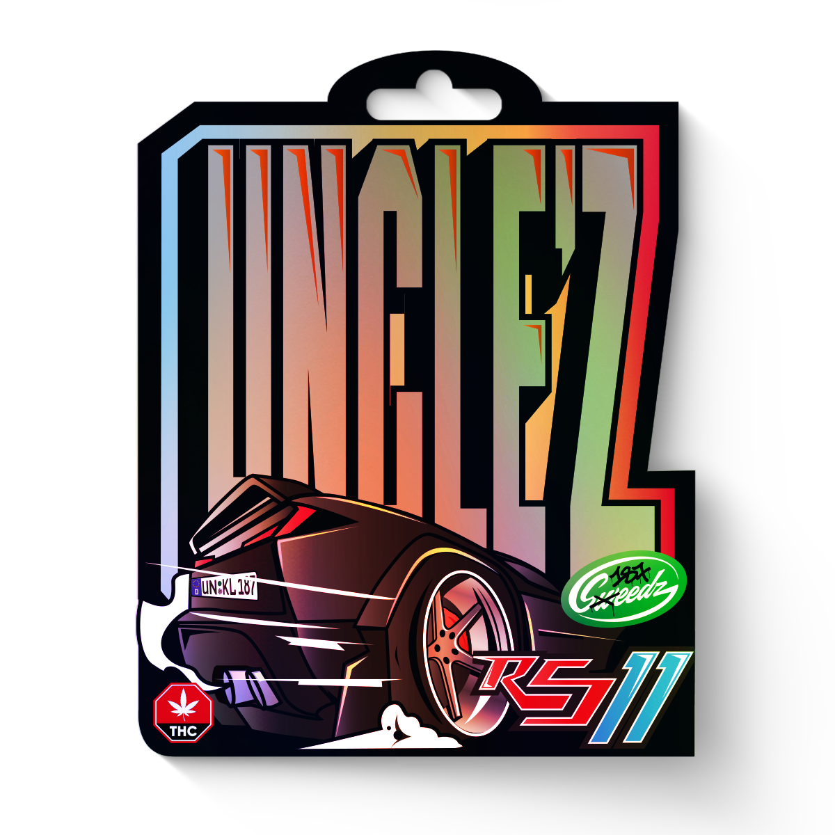 Digitální grafika Unclez s černým sportovním vozem RS11 s jedinečnou poznávací značkou, zářivě zeleným logem 185x Speedz a symboly THC zobrazenými na tmavém pozadí.
