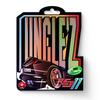 Digitální grafika Unclez s černým sportovním vozem RS11 s jedinečnou poznávací značkou, zářivě zeleným logem 185x Speedz a symboly THC zobrazenými na tmavém pozadí.
