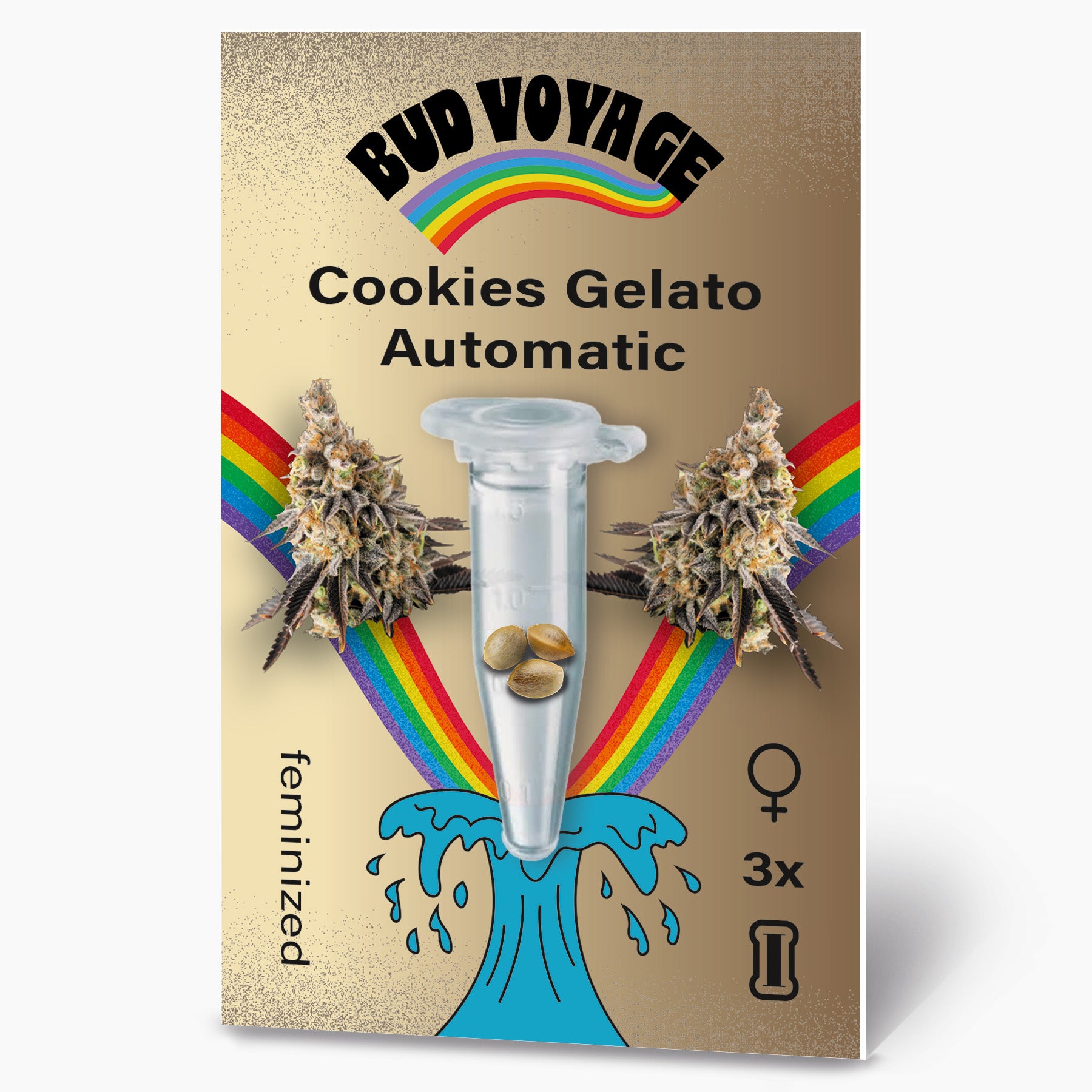 Sáček se semeny Bud Voyage, zobrazující semena Cookies Gelato Automatic ve zkumavce, obklopená duhou a modrou vlnou, feminizovaná semena, tři kusy
