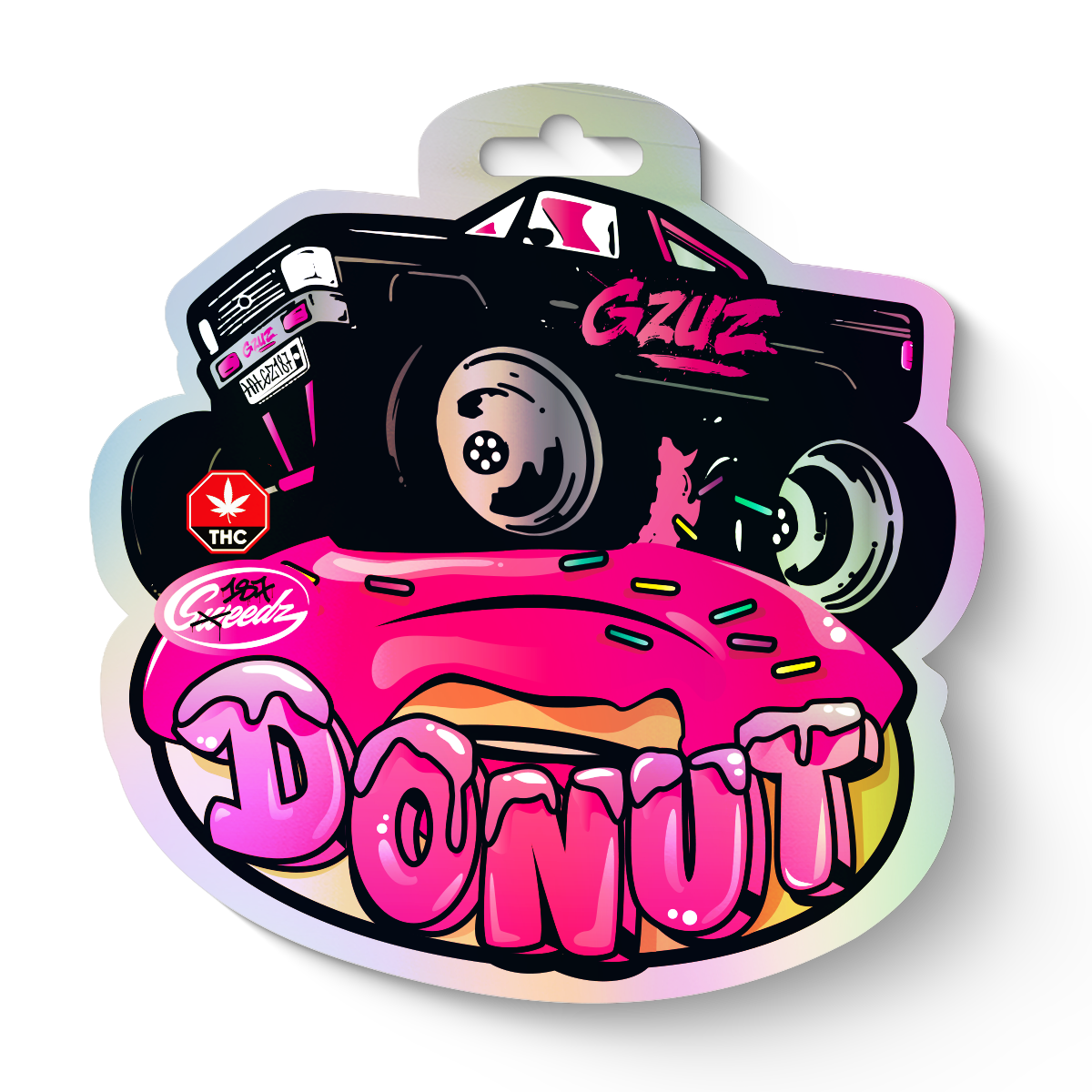 Digitální ilustrace od Gzuz, na které monster truck drtí růžovou koblihu s barevným posypem a symbolem THC.