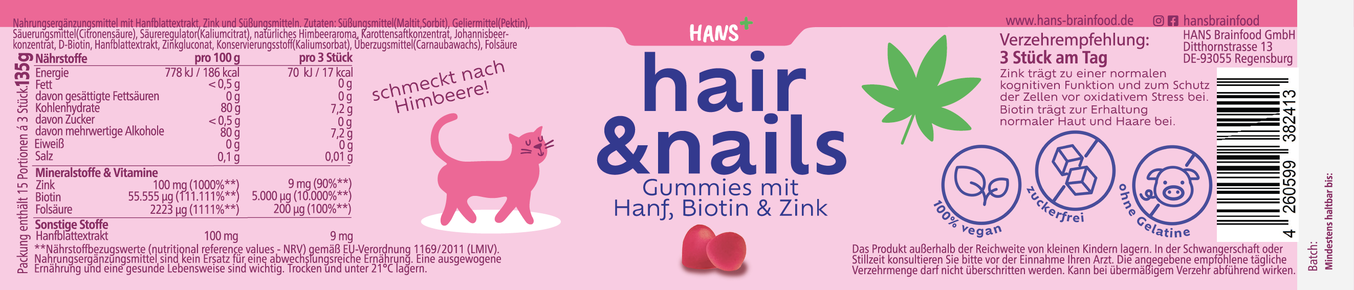 Hans Brainfood GmbH Grafika produktu:  Hair & Nails gumoví medvídci s konopím, biotinem a zinkem, růžová kocovina, malinová příchuť a veganské označení
