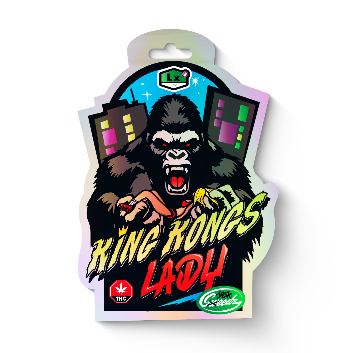 Digitální umělecký tisk, King Kong's Lady, gorila na pozadí města se svítícími budovami, držící v ruce jointa a blonďatou dívku, s barevnými neonovými detaily a symbolem THC.