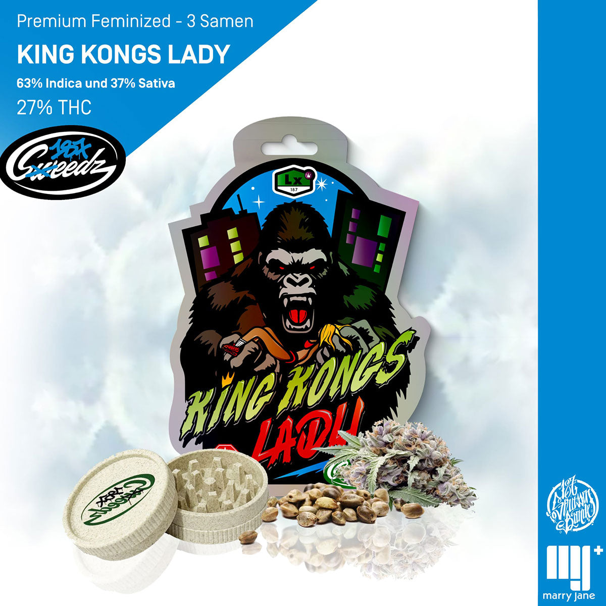 Digitální grafika od 187 Seeds: produkt King Kong's Lady Cannabis s rozzlobenou gorilou před městskou krajinou, fialovými a zelenými květy konopí a béžově zbarvenými semeny konopí.