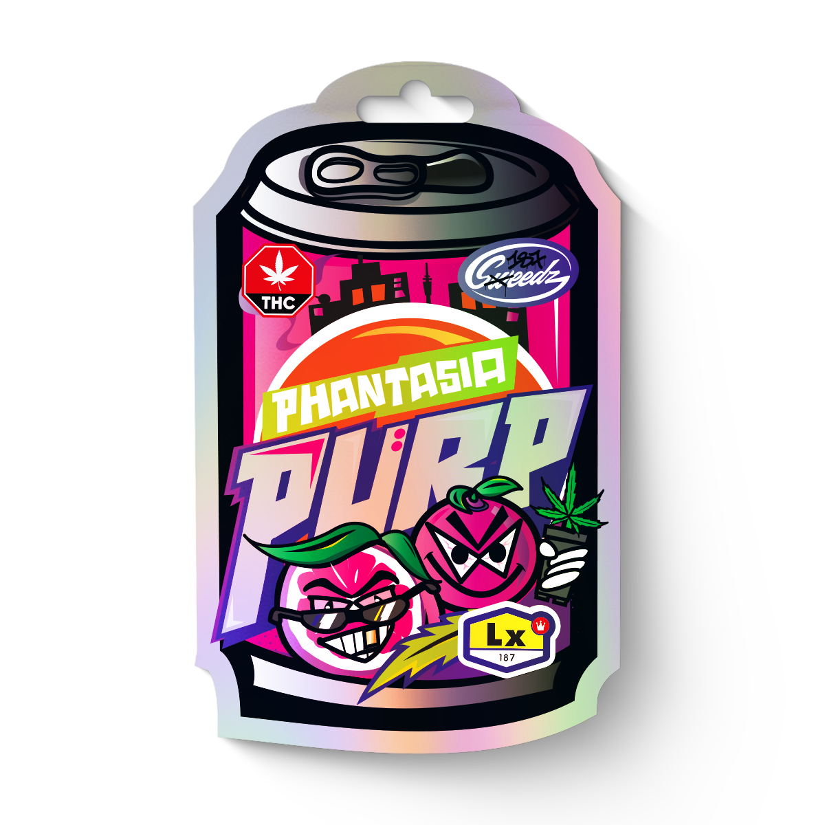 Digitální ilustrace od LX 187: Phantasias Purp, plechovka se siluetou města, listy marihuany, znaky chladného ovoce v jasně růžových, zelených a oranžových tónech
