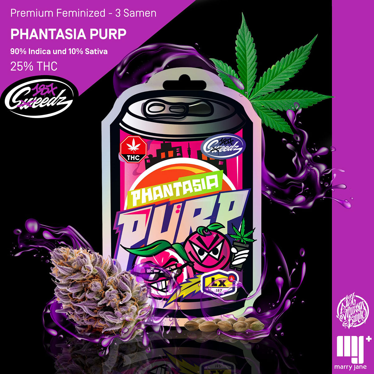 Digitální ilustrace od Marry Jane: Obal marihuanového produktu Phantasi Purp s plechovkou na pozadí města, fialovými květy a semeny marihuany, s kresleným designem ovoce a jasnými barvami.
