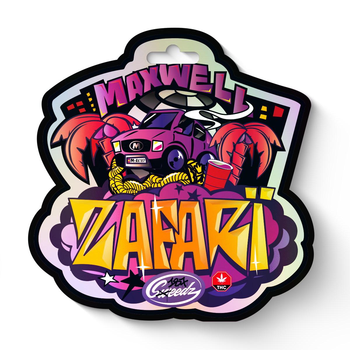 Návrh samolepky Maxwell Zafari zobrazuje fialové auto s palmami, lanem a červenými poháry v živém, barevném stylu před zeměkoulí.
