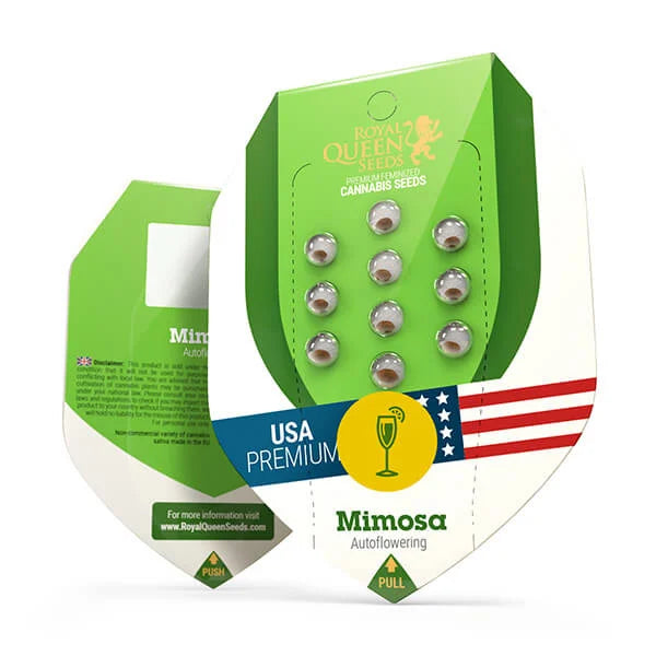 Balení semen Royal Queen Seeds, samonakvétací semena konopí Mimosa, prémiová kvalita USA, dvanáct semen v kapslích, zelené balení s motivem americké vlajky a sklenice na šampaňské
