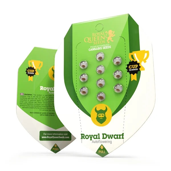 Na obalu semen Royal Queen Seeds jsou zobrazena samonakvétací semena konopí Royal Dwarf v zeleném obalu se zlatými kalíšky a logem Viking.

