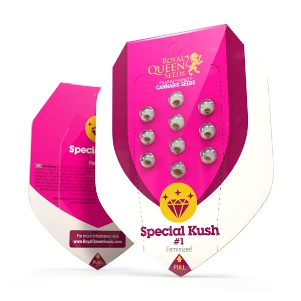 Balení Royal Queen Seeds obsahuje deset feminizovaných semen konopí Special Kush #1 v lesklých průhledných kapslích na růžovém pozadí se zlatými detaily a diamantovým logem.
