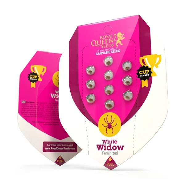 Grafický návrh obalu semen Royal Queen Seeds zobrazující deset feminizovaných semen konopí White Widow v růžovo-bílém obalu s logem pavouka a vítěze poháru.
