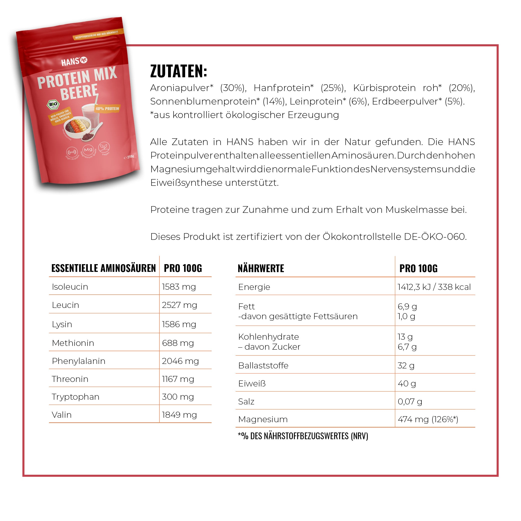 Obrázek produktu: Hans Protein Mix Berry, červené balení s bobulemi a koktejlem, 40% obsah bílkovin, vysoký obsah hořčíku a veganské složení.