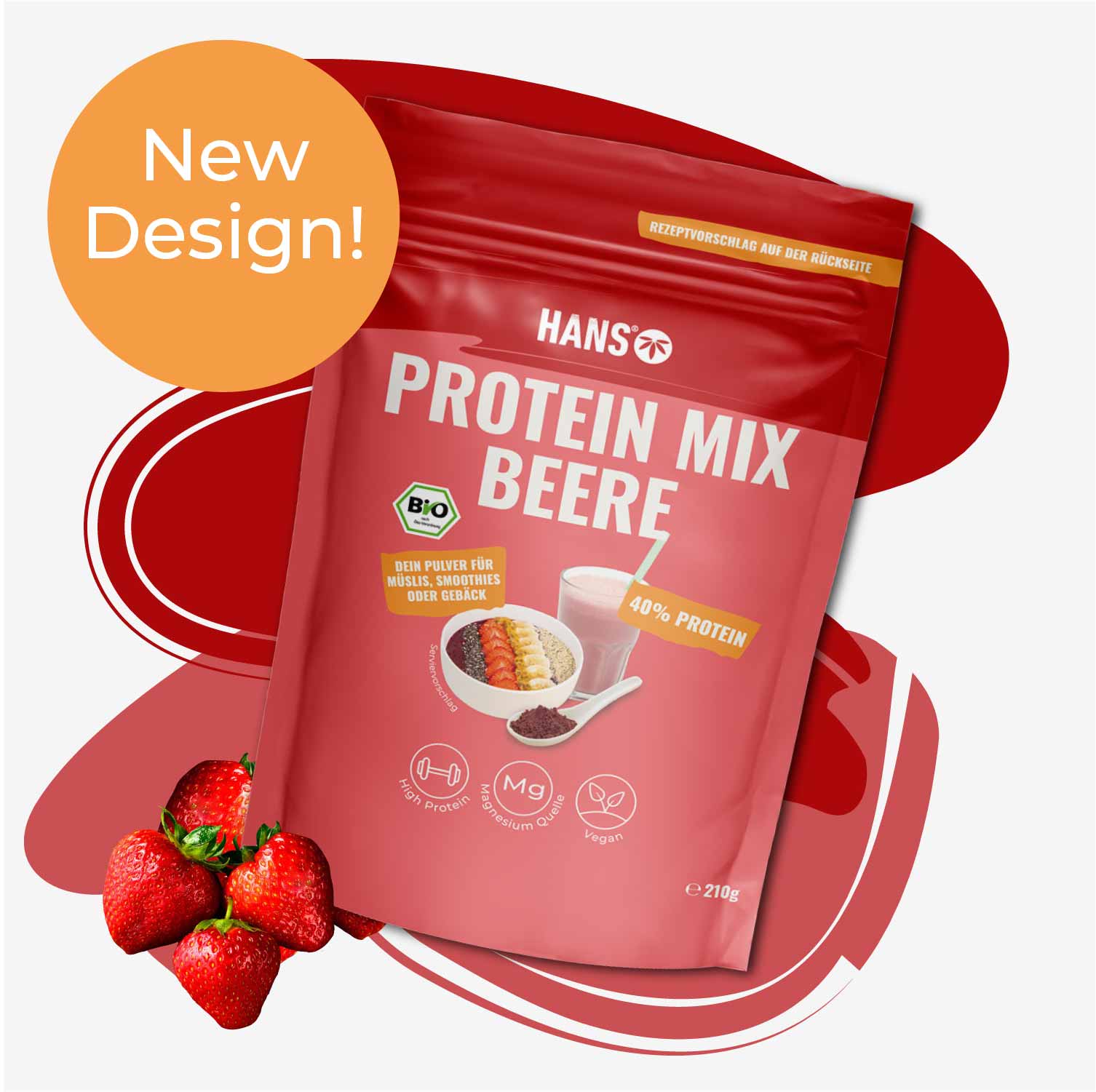 Fotografie produktu: Hans Protein Mix Berry, červené balení s bobulovitými plody, smoothie a müsli, ukazuje 40% obsah bílkovin, je veganský a je zdrojem hořčíku.
