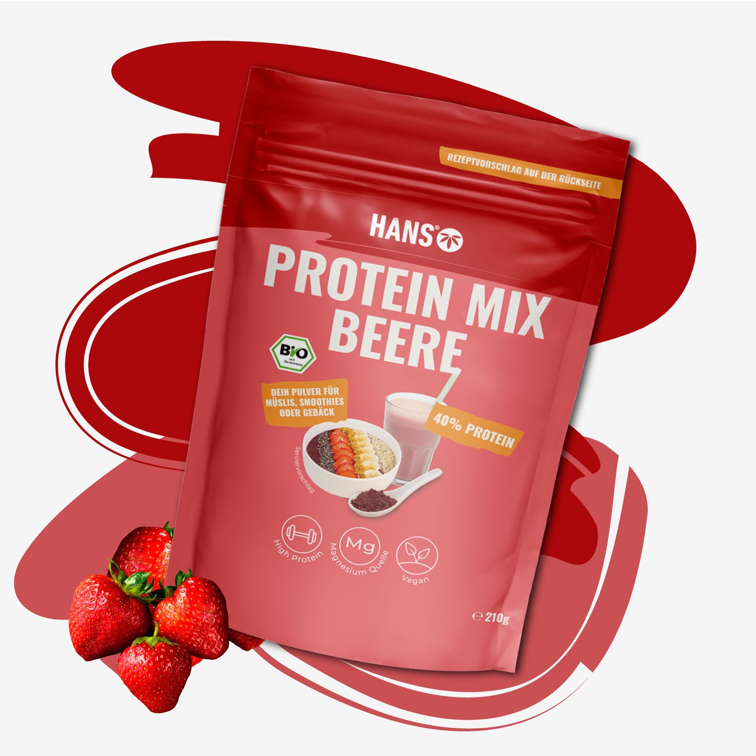 Fotografie produktu: Hanso Protein Mix Berry, červené balení s bobulovitými plody, smoothie a müsli, vykazuje 40 % obsah bílkovin, je veganský a je zdrojem hořčíku.
