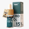 Product photography: Hans+ 15% CBD oil in glass bottle with bamboo lid, on a white background showing the brand color green and a striking 15%, as well as a small label with German flag and location information
