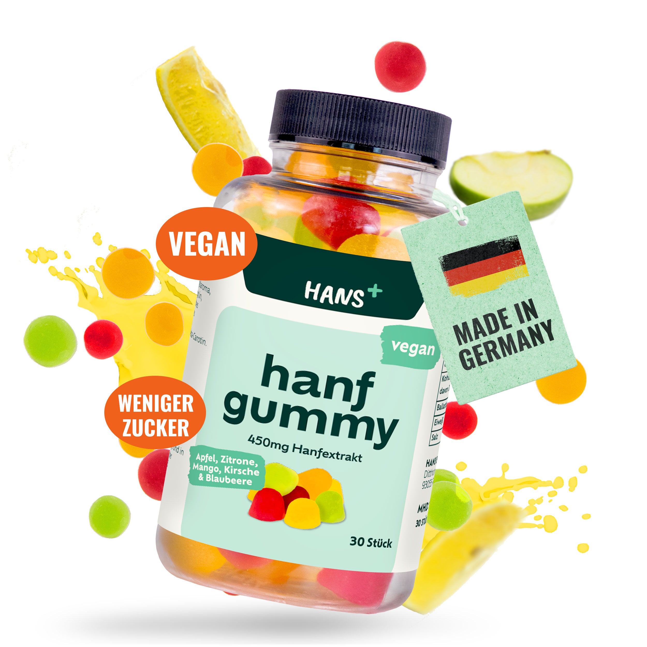 Product photo of Hans+ Hanf Gummy, a vegan product from Germany, with an image of colorful gummy bears, apple slices and lemon slices in splashes of juice, and the German flag on the label
