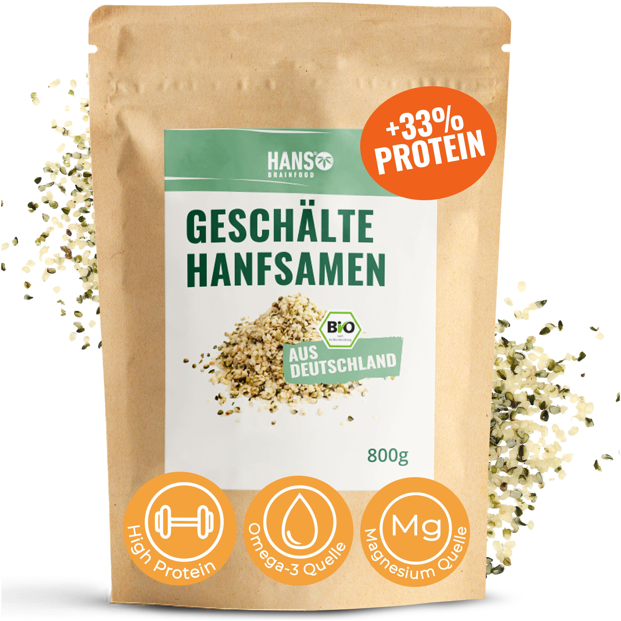 Hans Brainfood product photo: Hulled hemp seeds from Germany, with organic seal, in brown packaging, light beige and dark green seeds, high protein content
