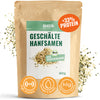 Hans Brainfood product photo: Hulled hemp seeds from Germany, with organic seal, in brown packaging, light beige and dark green seeds, high protein content
