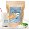 Product photo of Hans 85% Ultra Protein, a vegan organic protein powder with a high protein content and magnesium, next to a glass of protein shake, rice and peas in a bowl
