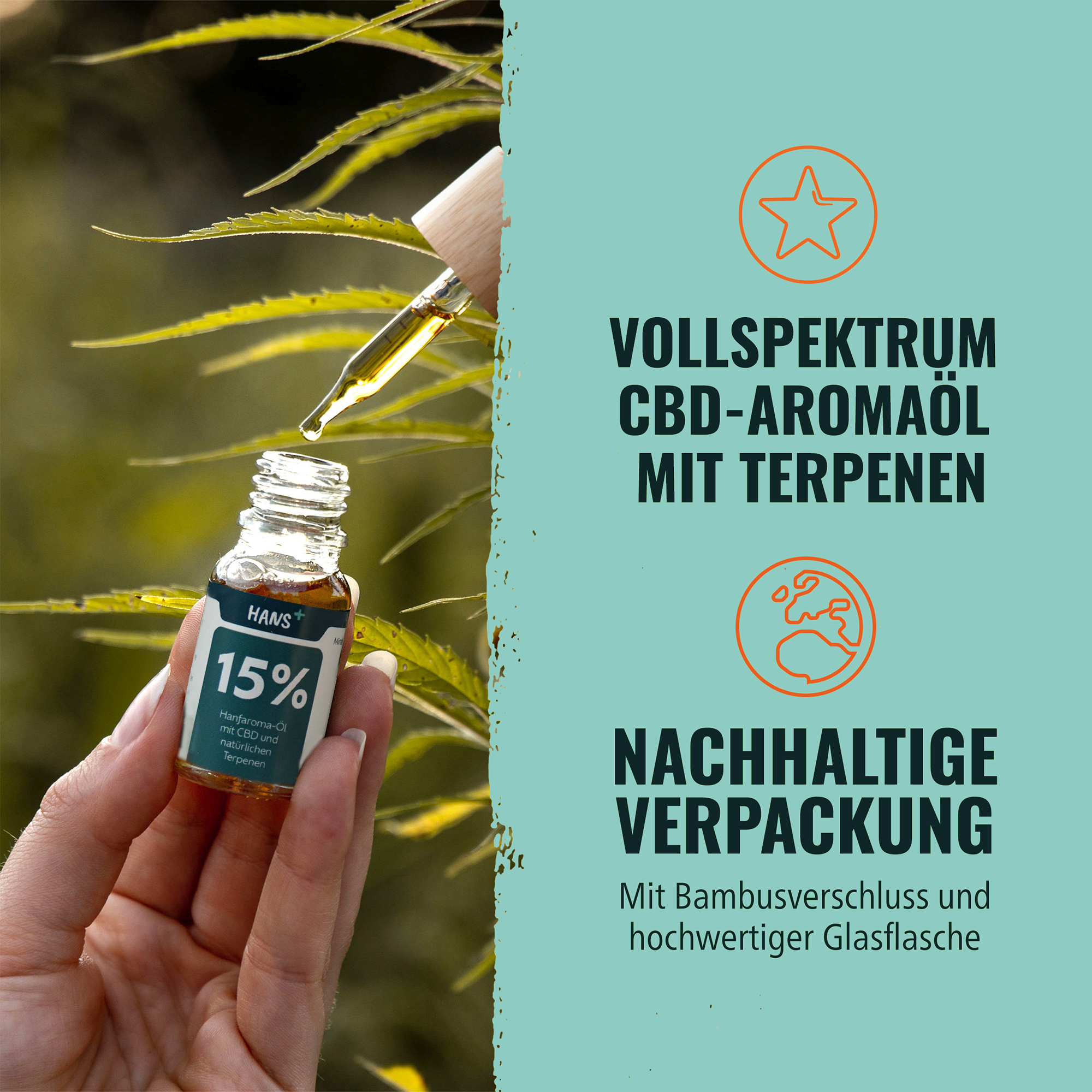 Photograph by unknown artist: hand holding 15% hemp aroma oil with CBD and terpenes in front of a blurred background of hemp leaves, glass bottle with bamboo lid and gold-colored oil are recognizable
