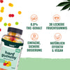 Product image of Hans+ Hemp Gummy, shows a glass bottle with colorful, vegan fruit gums in the colors red, yellow and green, as well as a hemp plant and 0.0% THC content Note
