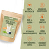 Product image by Hans: 90% Ultra Protein, vegan pea protein powder in brown packaging with peas, glass of milk and measuring spoon, organic and raw food quality
