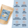 Product photo: Hans® 85% Ultra Protein organic vegan protein powder in brown packaging with glass and spoon, 100% natural and lactose-free, rich in magnesium and optimal amino acid composition
