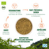 Graphic: Illustration of hemp protein production in Germany with organic seal, a bowl of light brown hemp protein powder and a Bavarian flag

