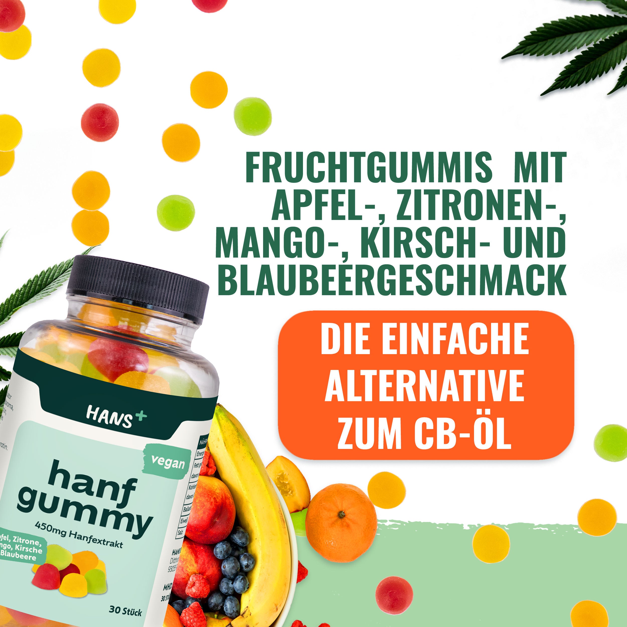 HANS+ vegan hemp gummies with apple, lemon and mango flavors feature bright red, yellow and green gummy bears next to a bowl of colorful fruits and hemp leaves
