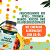 HANS+ vegan hemp gummies with apple, lemon and mango flavors feature bright red, yellow and green gummy bears next to a bowl of colorful fruits and hemp leaves

