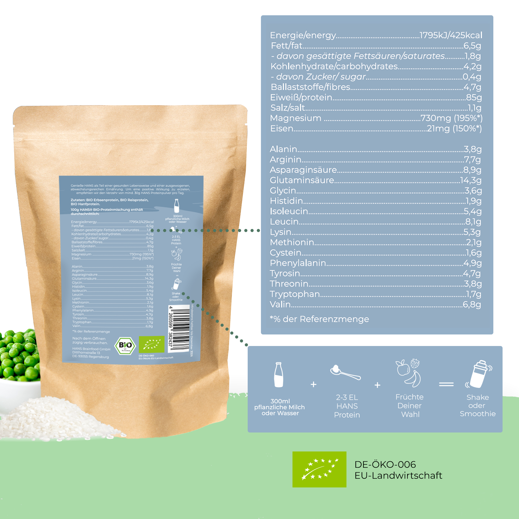 Organic protein powder from HANS Brainfood GmbH, showing packaging with peas, rice and hemp protein, as well as nutritional information and organic seal

